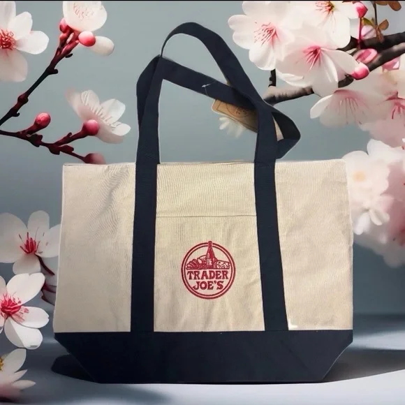 (4 Bags) Trader Joe's Reusable Canvas Large Tote Bag Heavy Cotton Blue White - Picture 2 of 2